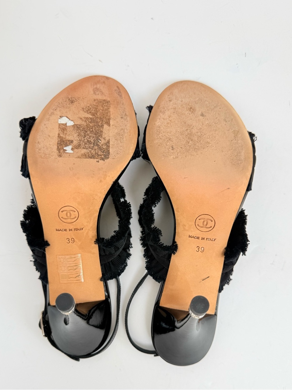 Chanel 12P Black Patent Fringe Bow Slingback Heels CC Logo Sandals EU 39 - Picture 8 of 11